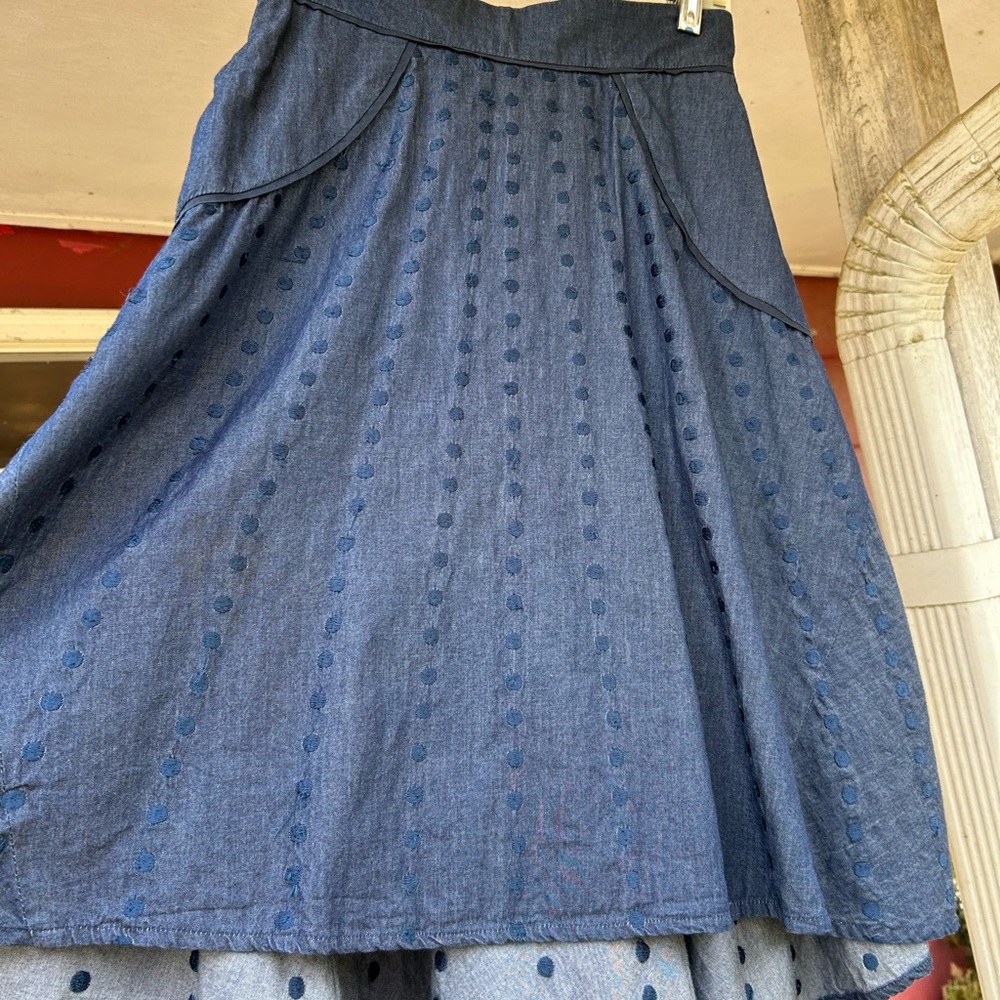 Blue Embroidered Chambray Midi Skirt